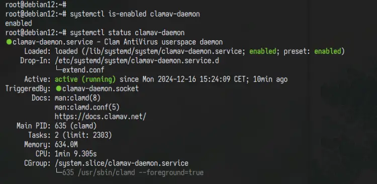 статус демона clamav