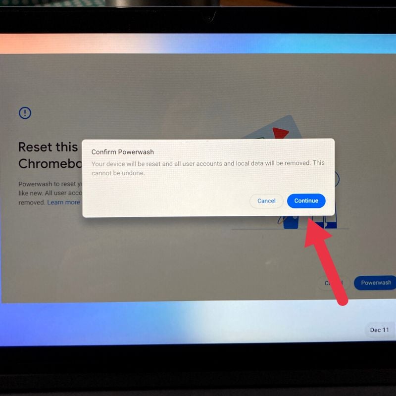 Chromebookリセットのための続行オプション
