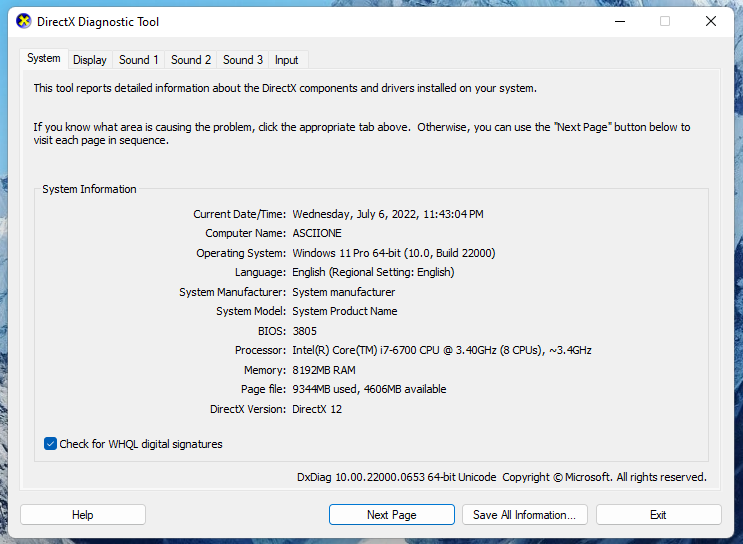 диалоговое окно диагностического инструмента directx windows 11