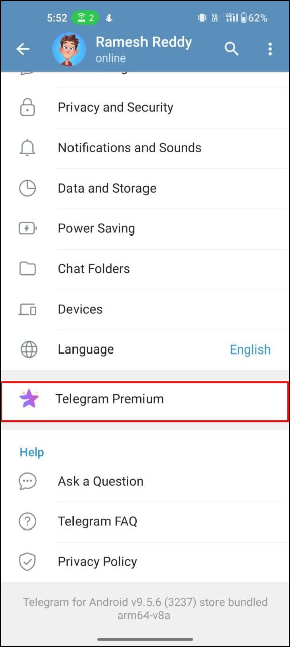 pagina principale delle impostazioni di telegram