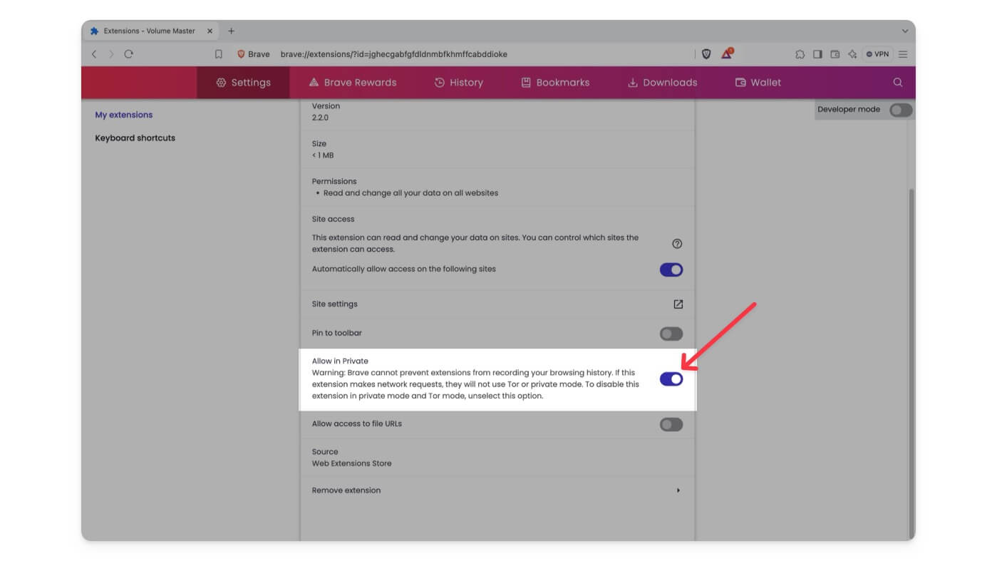 Erweiterung im privaten Brave-Browser zulassen