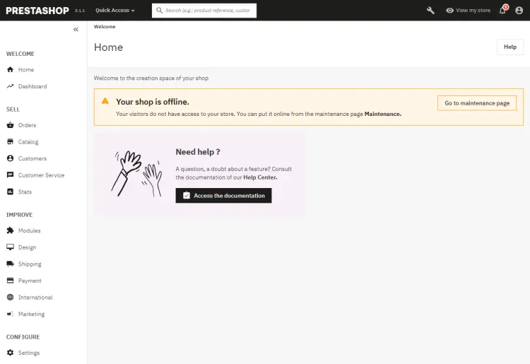 Tableau de bord Admin de PrestaShop