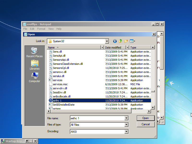 Windows/System32に移動します。今、私が言う通りに正確に行ってください。さもないと、コンピュータが壊れるかもしれません。「ファイルの種類」で「すべてのファイル」を選択します。下にスクロールして「cmd」を見つけ、同じフォルダにコピーします（Ctrl-C、Ctrl-V）。「cmd - コピー」という名前のファイルができるはずです。