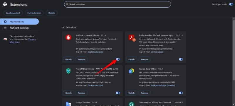 disattiva tutte le estensioni google chrome