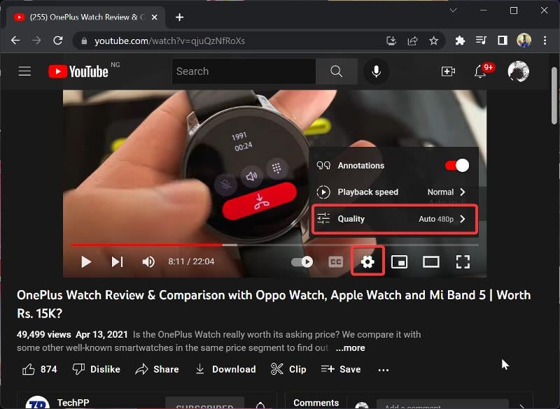 change youtube video quality