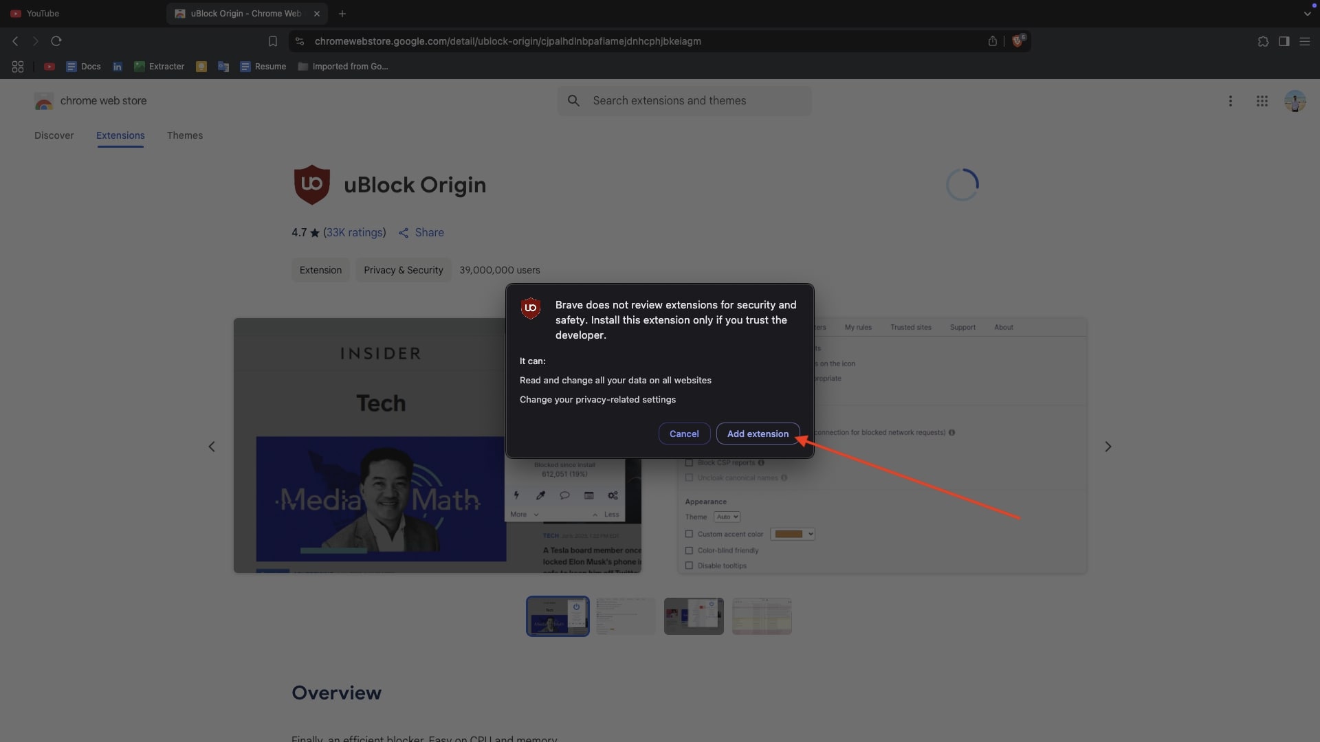 adicionar extensão