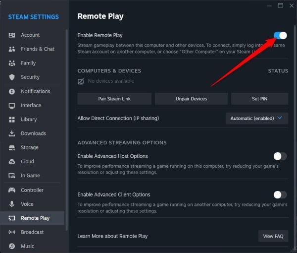 guida per giocare a giochi steam su android o iphone senza pc - abilita gioco remoto steam