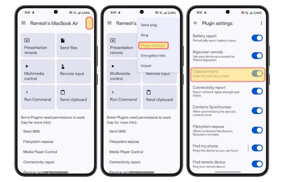activar la sincronización del portapapeles en la aplicación kde connect