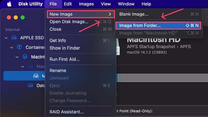 ディスクユーティリティでフォルダーからイメージを開く