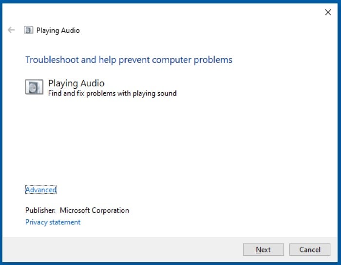 eseguire lo strumento di risoluzione dei problemi audio di windows 10