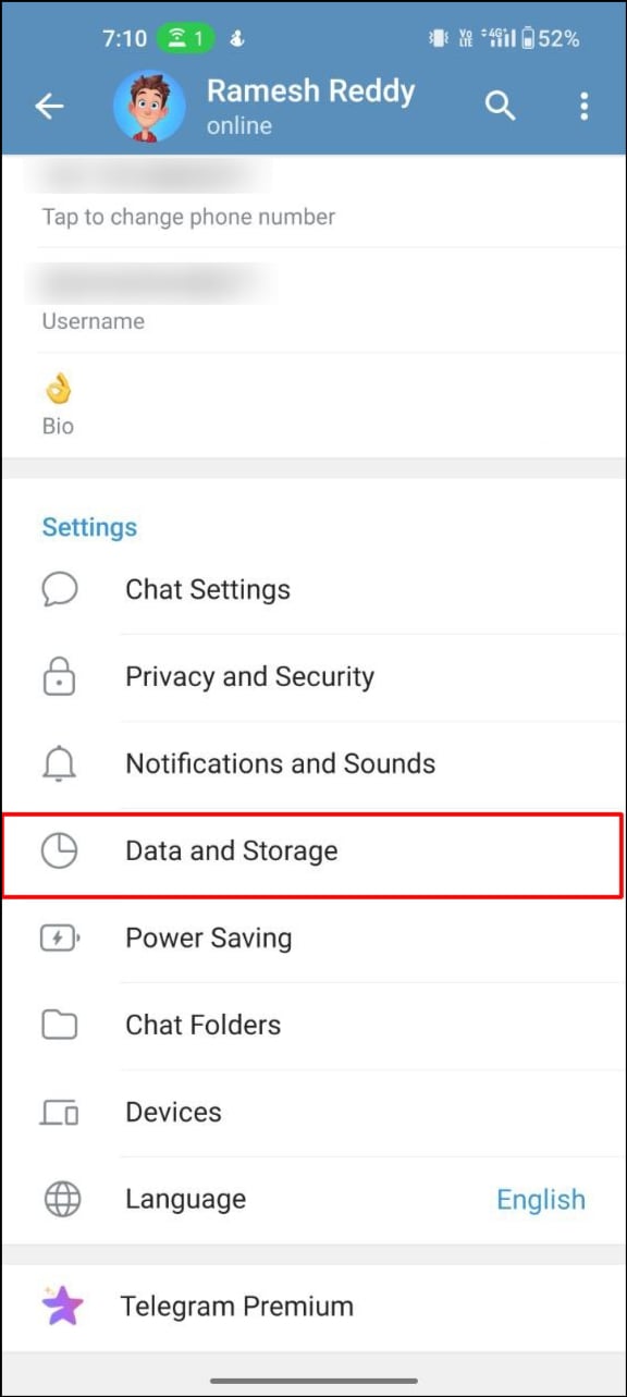 impostazioni dati e archiviazione su telegram