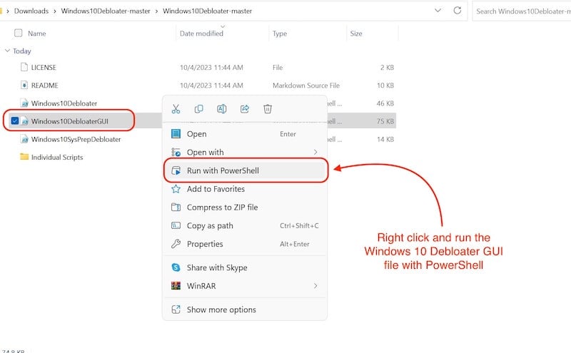 execute o arquivo powershell do windows 10 debloater