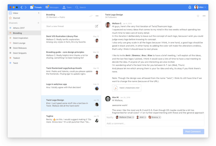 twist est une alternative slack plus organisée et minimaliste par todoist - en-tête twist todoist