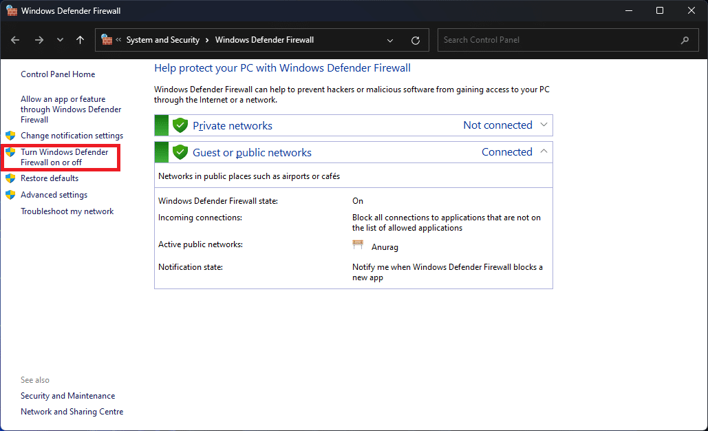 Включить или отключить брандмауэр Защитника Windows