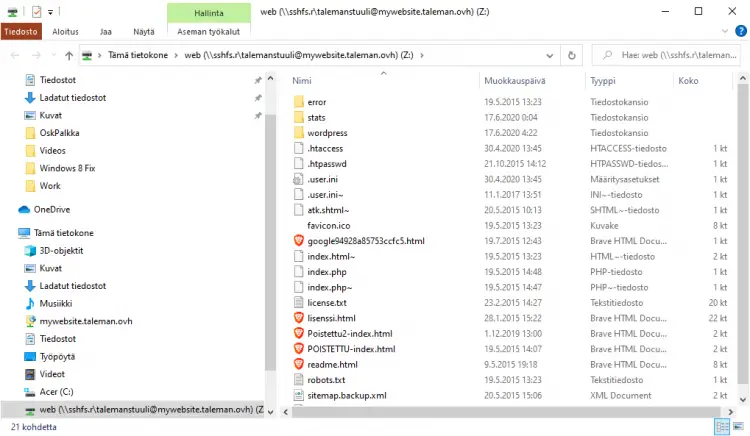 File di WordPress nel gestore file di Windows