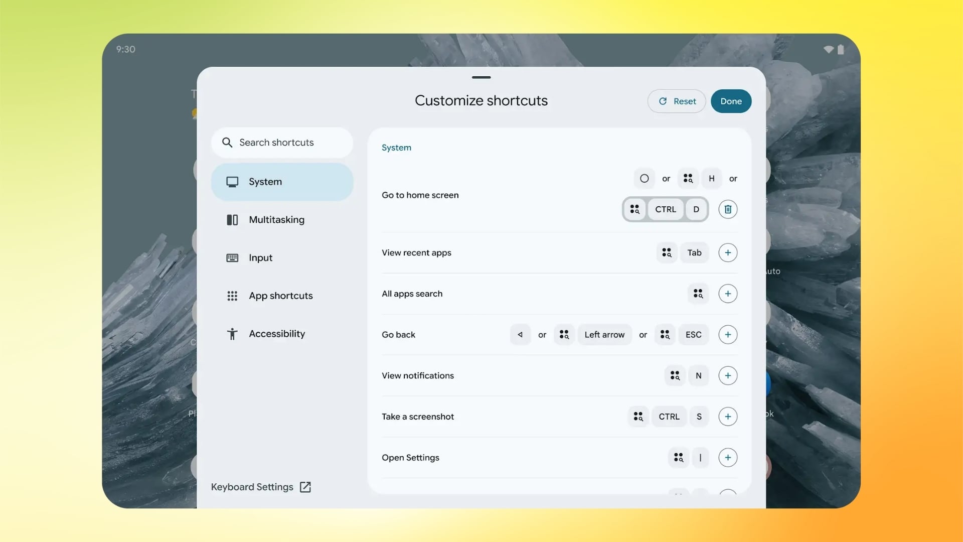 raccourcis personnalisés android 16