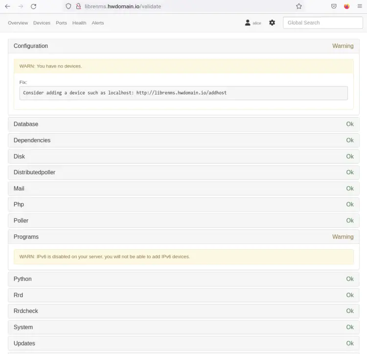 проверка установки librenms