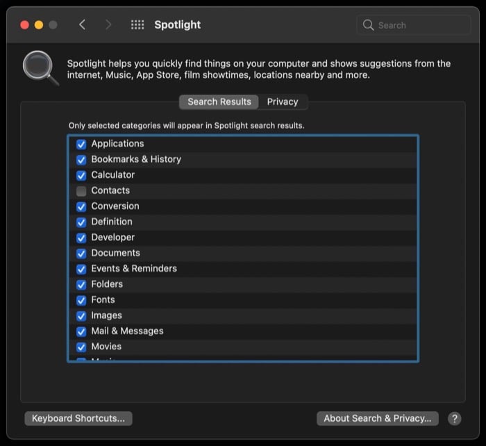 filtrar resultados de búsqueda de spotlight
