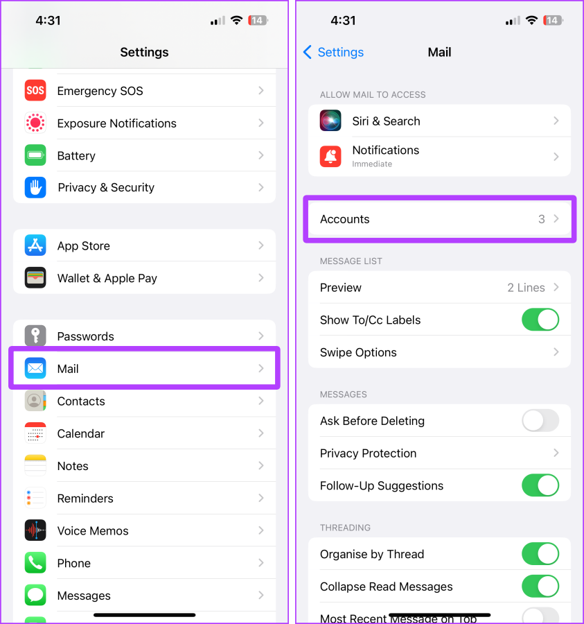 configurações de mail iphone