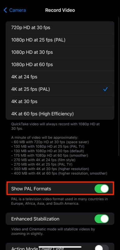 activando la opción mostrar formatos pal en la configuración de iphone.
