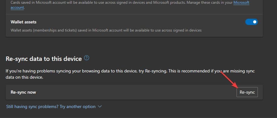 Повторная синхронизация Microsoft Edge на ПК