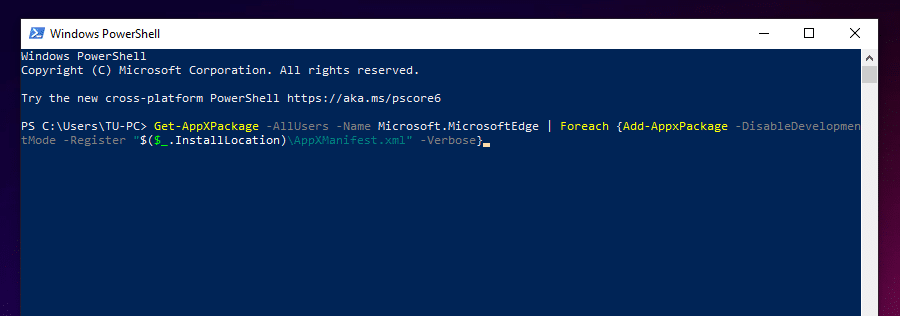 PowerShellを使用してEdgeを再インストール