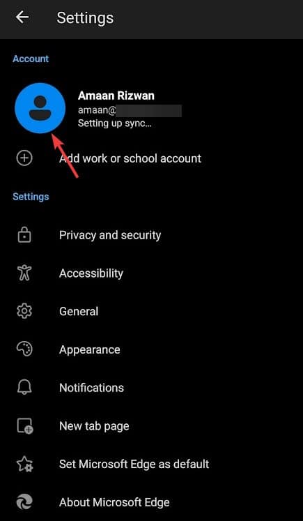 Синхронизация Microsoft Edge на устройстве Android