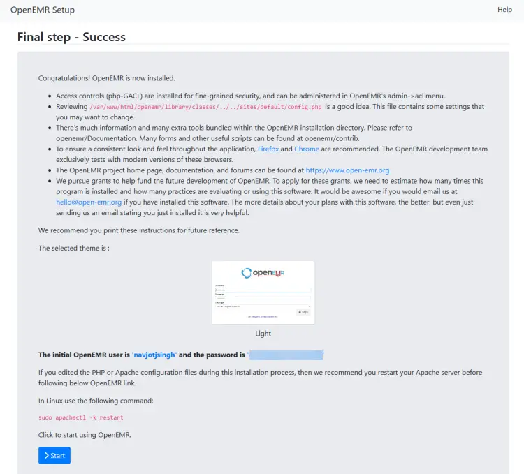 Последний шаг установки OpenEMR