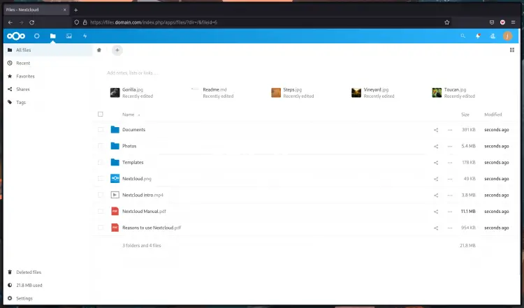 Panel de archivos de usuario de Nextcloud