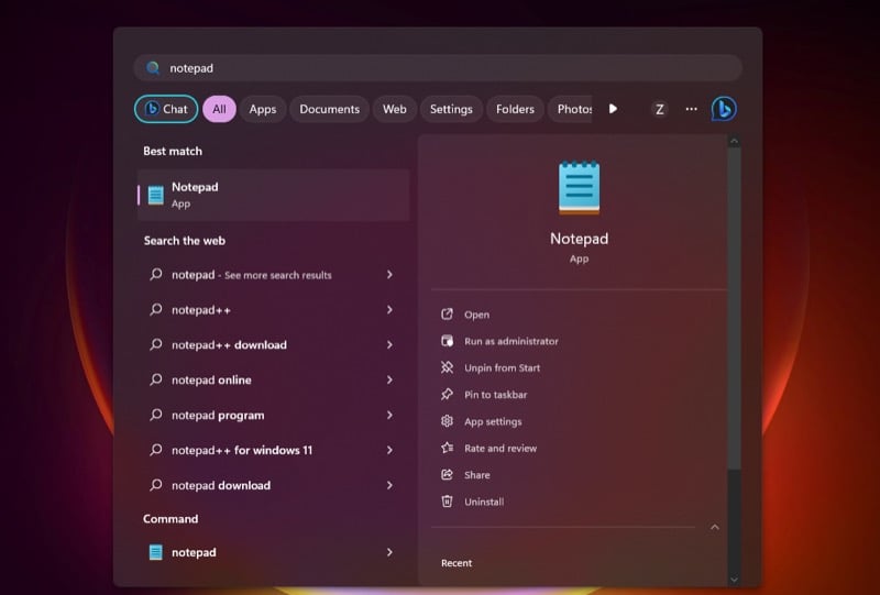 buscando el bloc de notas en el menú de inicio de windows