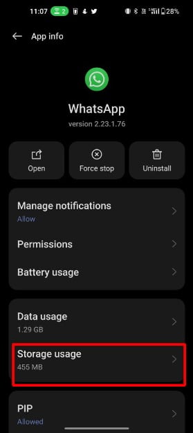 imagem mostrando configurações de uso de armazenamento do whatsapp