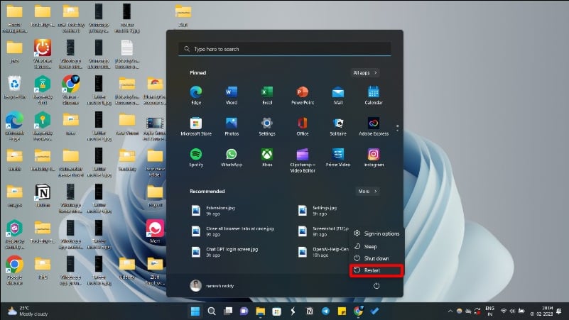 Bild zeigt Neustart-Schaltfläche in Windows 11