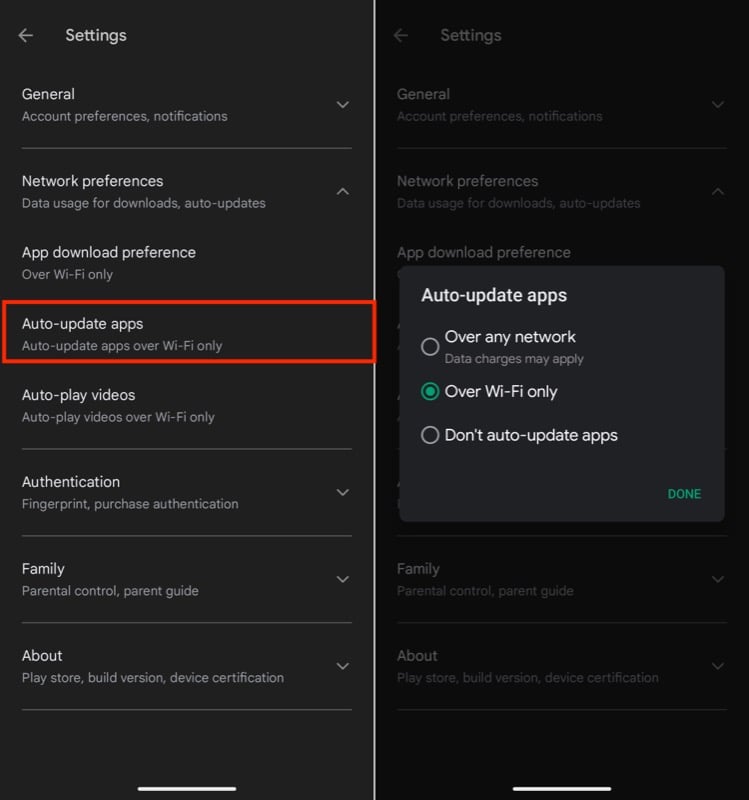 изменение предпочтений автообновления на только wi-fi