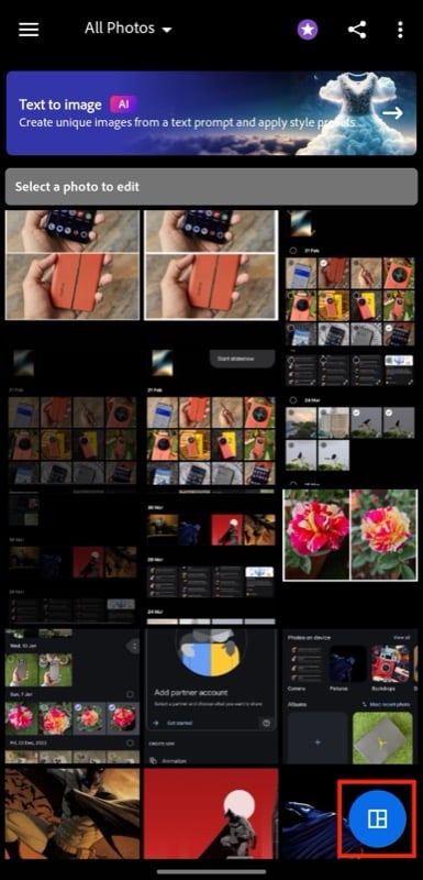 кнопка коллажа в приложении adobe photoshop express.