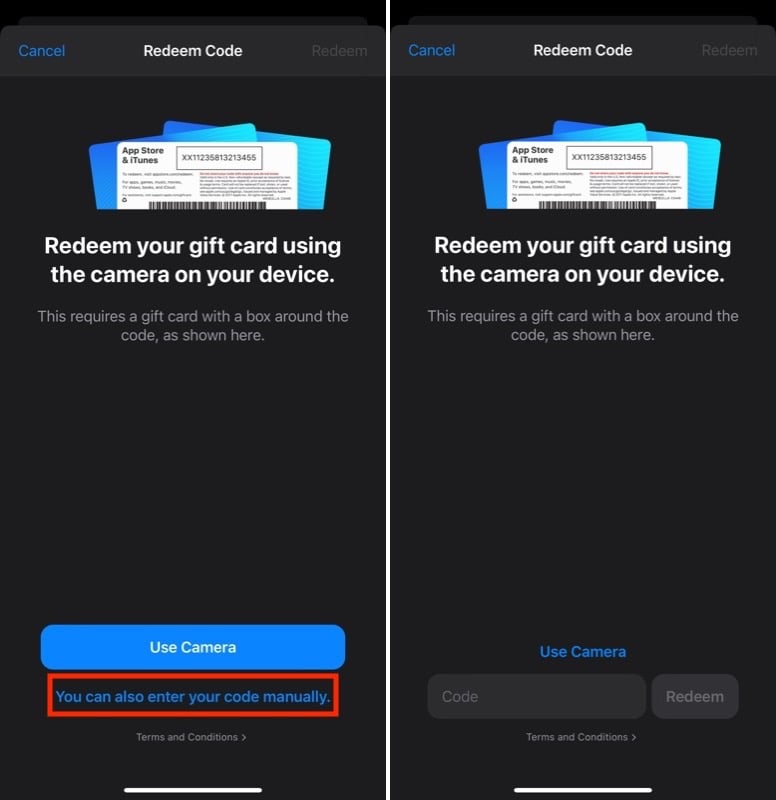 resgatar um cartão presente da apple no iphone inserindo o código manualmente.