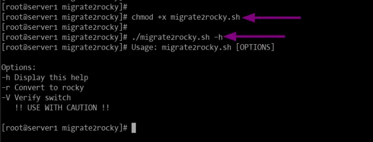 Machen Sie das Rocky Linux-Migrationsskript ausführbar und die Hilfe des Skripts