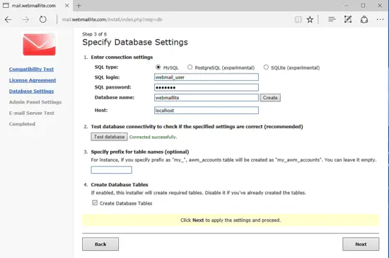 Entrer les détails de la base de données MySQL