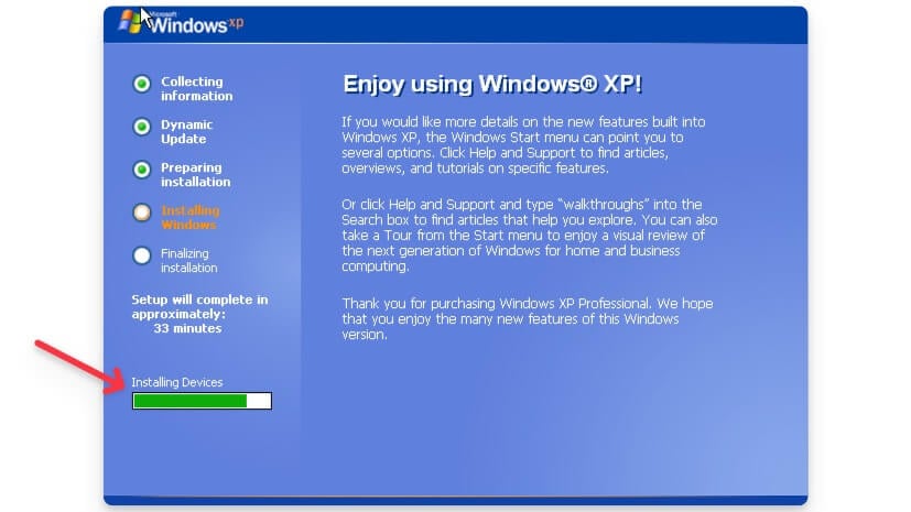 windows xpインストール画面