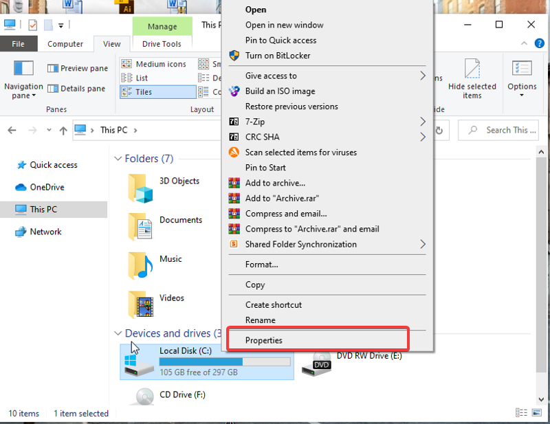 освободить место на диске в windows через свойства диска