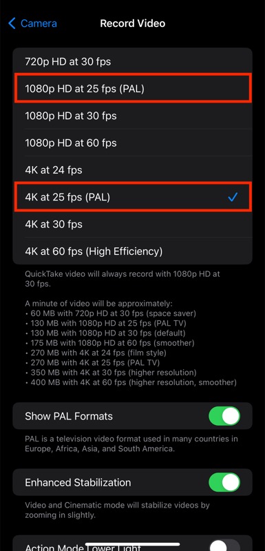seleccionando un formato de video pal para grabar videos de iphone.