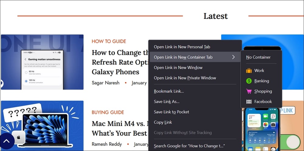 apri un link in una scheda contenitore di firefox