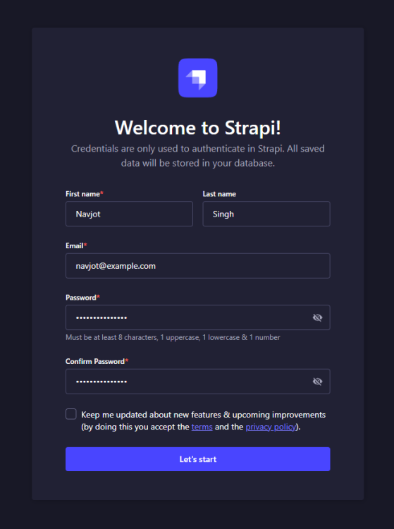 Strapi Admin User Create Page