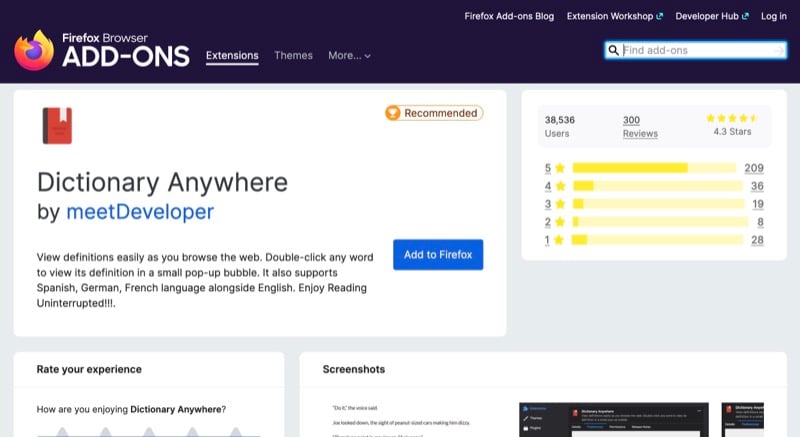 mozilla 애드온 웹사이트에서 확장 프로그램 세부 정보 보기