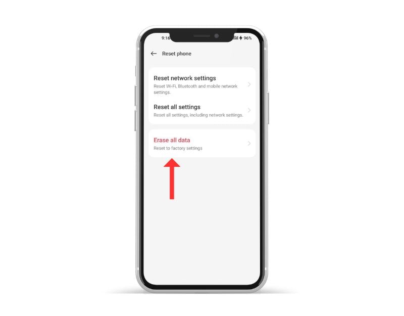 imagen mostrando la pantalla de restablecimiento de fábrica del teléfono