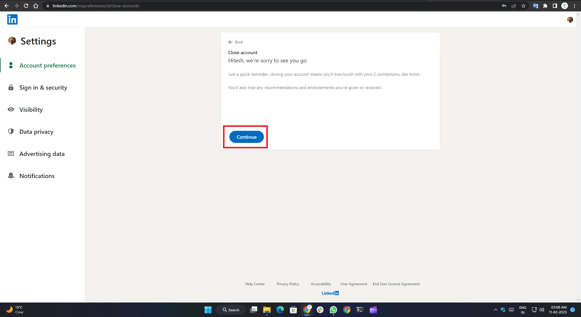 wie man ein linkedin-konto löscht- fortfahren