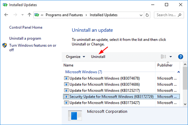 Windowsの更新をアンインストールする
