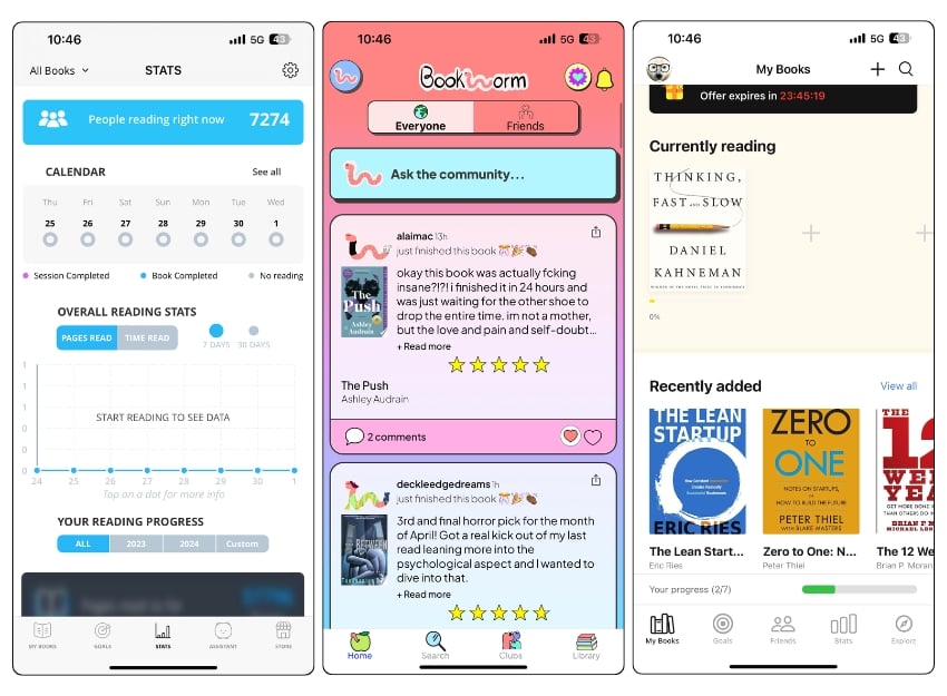 screenshot di tre diverse app per tenere traccia dei libri che mostrano statistiche di lettura, sezioni di lettura attuale e aggiunte recenti alla lista dei libri.