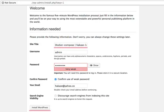 Wordpressインストールユーザーとサイト設定の入力