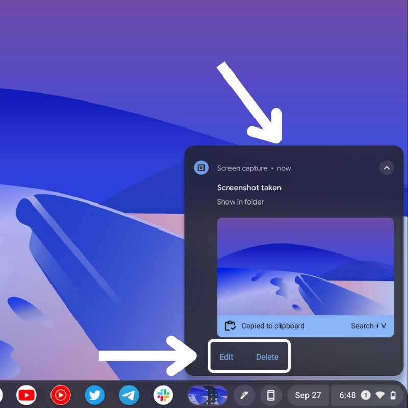 Screenshot gespeichert Benachrichtigung in ChromeOS