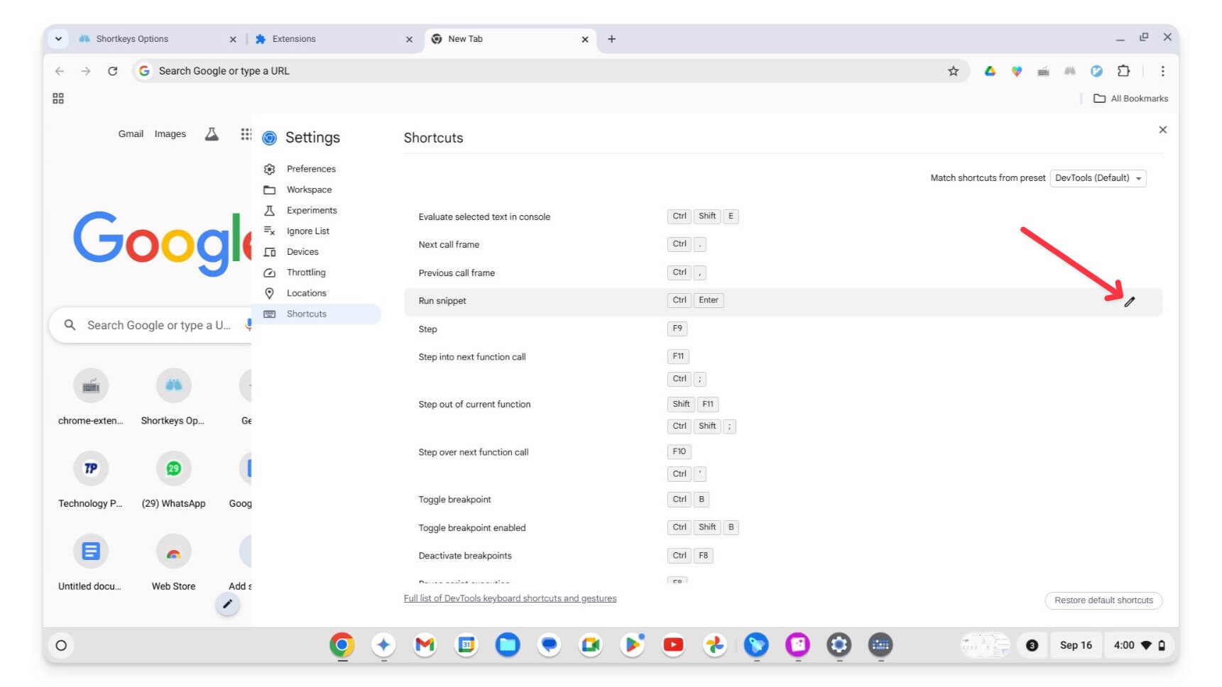 редактировать сочетания инструментов разработчика google chrome на chromebook